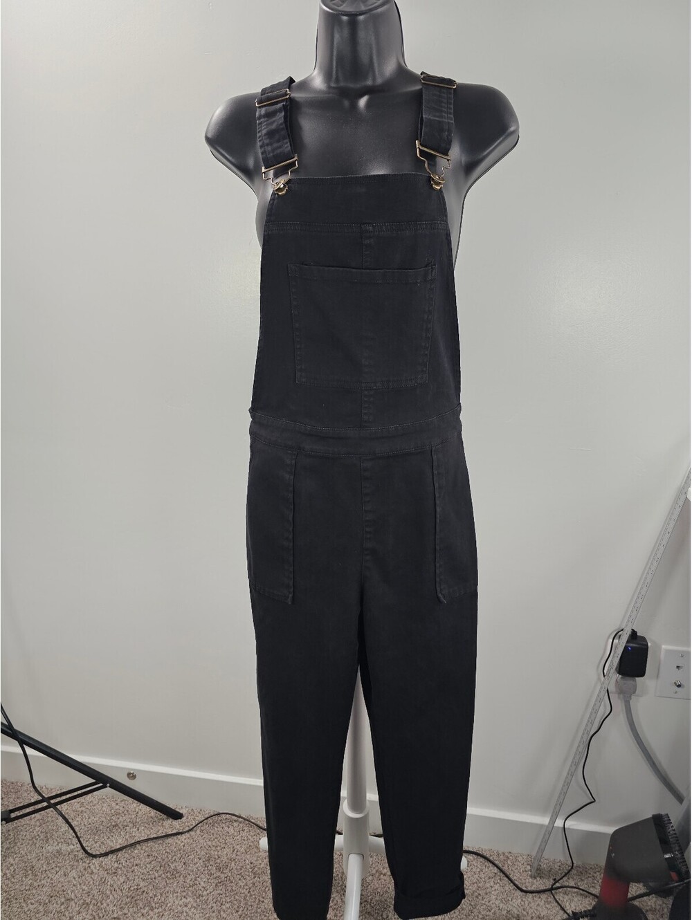 Lunik Black Denim Overalls with Adjustable Straps and Side Zipper